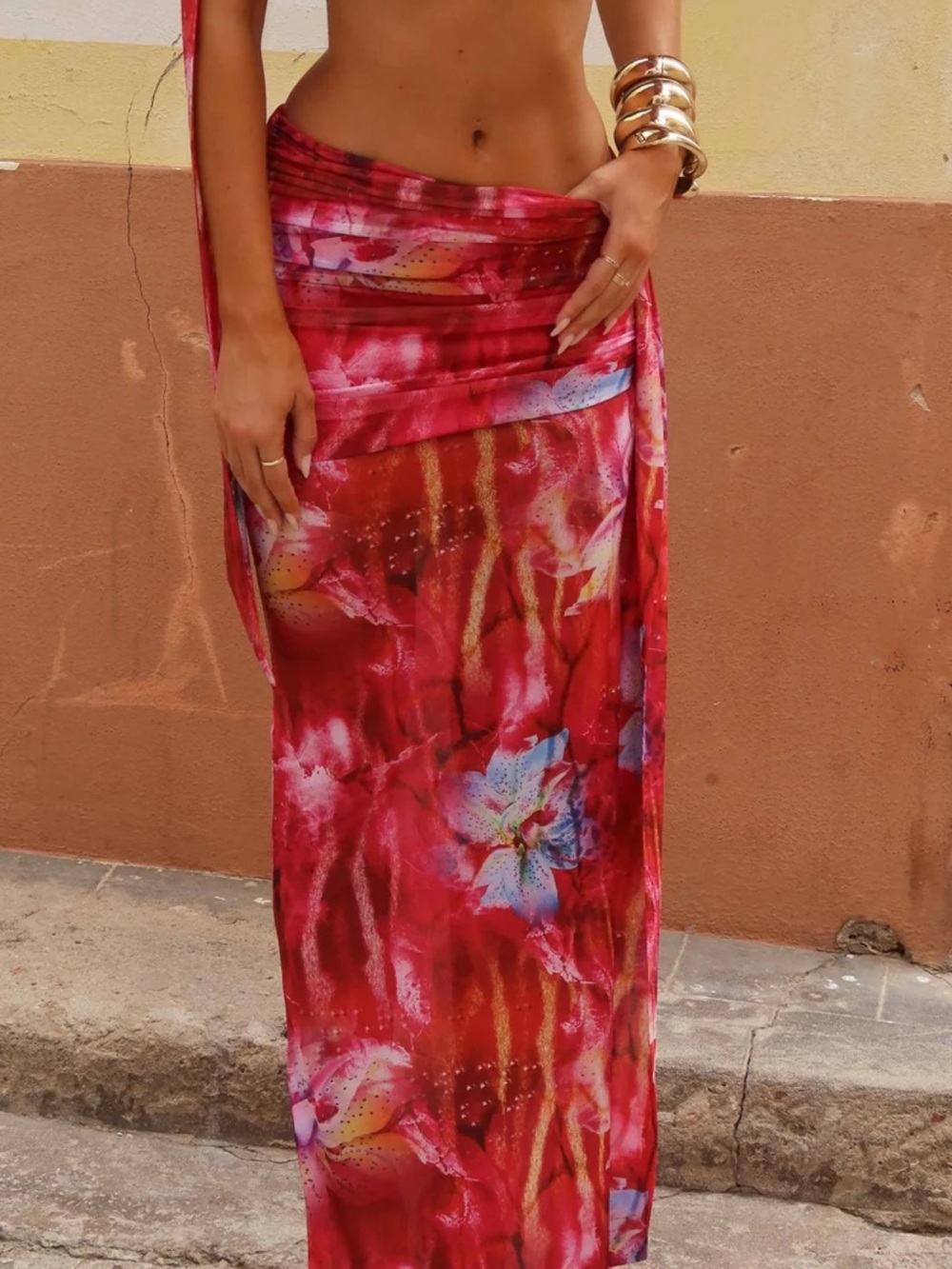 Ruched Floral Maxi Skirt in Vibrant Pink